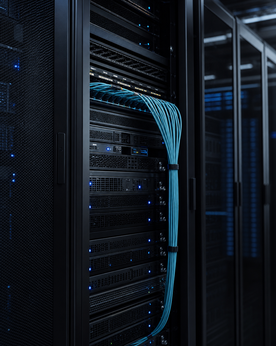 Серверное оборудование и сетевые кабели в центре обработки данных